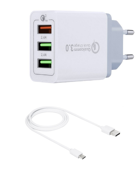 iLite 6.4A 3-Port Qualcomm Charging Wall Adapter with USB Type C Cable