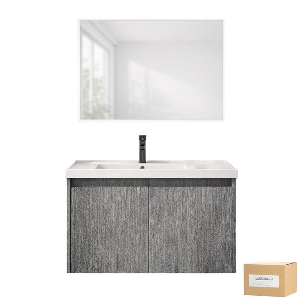 Heartdeco Modern Floating Bathroom Vanity with Ceramic Basin &amp; Mirror