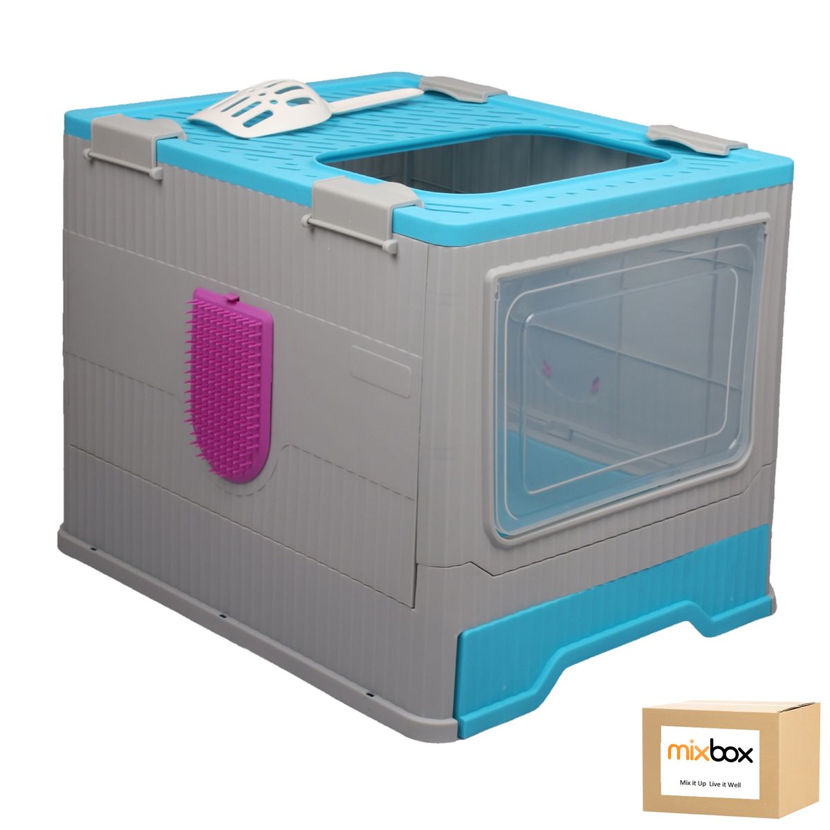 Mix Box Foldable Cat Litter Box with Lid-Blue Grey