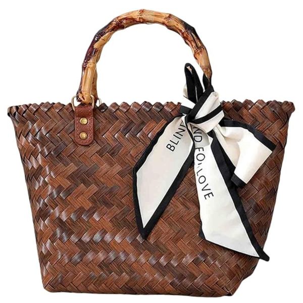 Vintage Bamboo-Style Woven Bag Bow Detail Tote for Vacation Daily Use