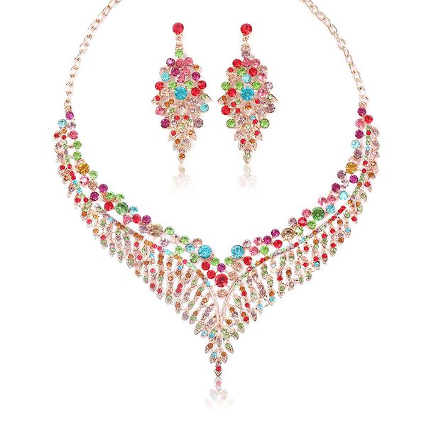 Vintage Colorful Leaf Shape Banquet Necklace Earrings Set