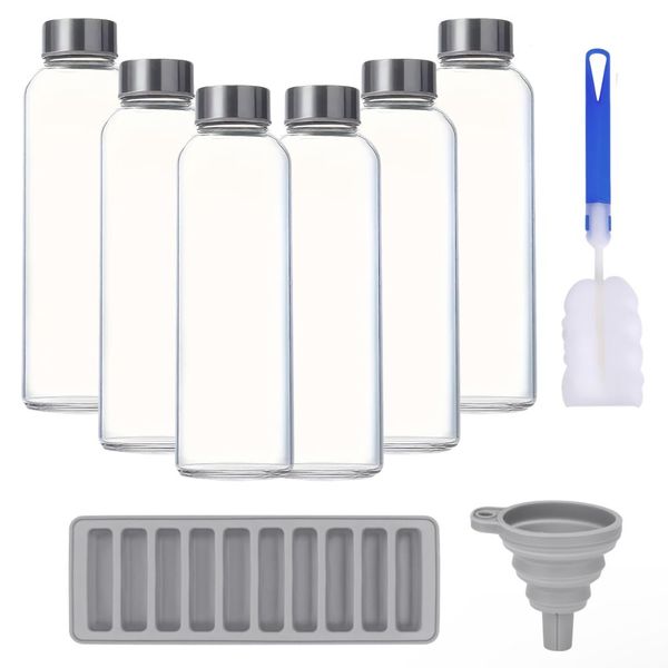 Bestby - 500ml Reusable Glass Juice Bottles with Lids &amp; Accessories 6 Pack