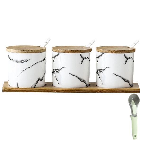 White Marble Ceramic Condiment Jars Set-3 Piece with Scoop