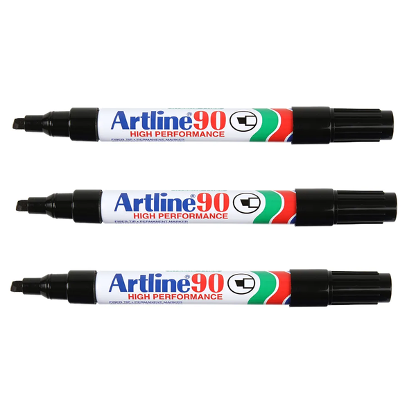 Artline EK90 Permanent Marker Chisel Tip Black - Pack of 3