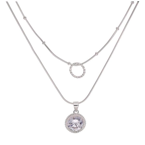 Sterling Silver Double Layered CZ &amp; Twisted Ring Necklace