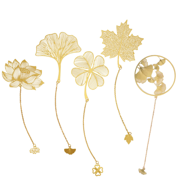 5 Pcs Metal Bookmarks with Chain Elegant Gold Hollow Design Bookmarks