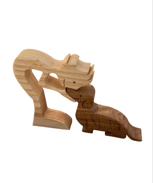 Handcrafted Boy and Dog Wooden Handmade Sculpture