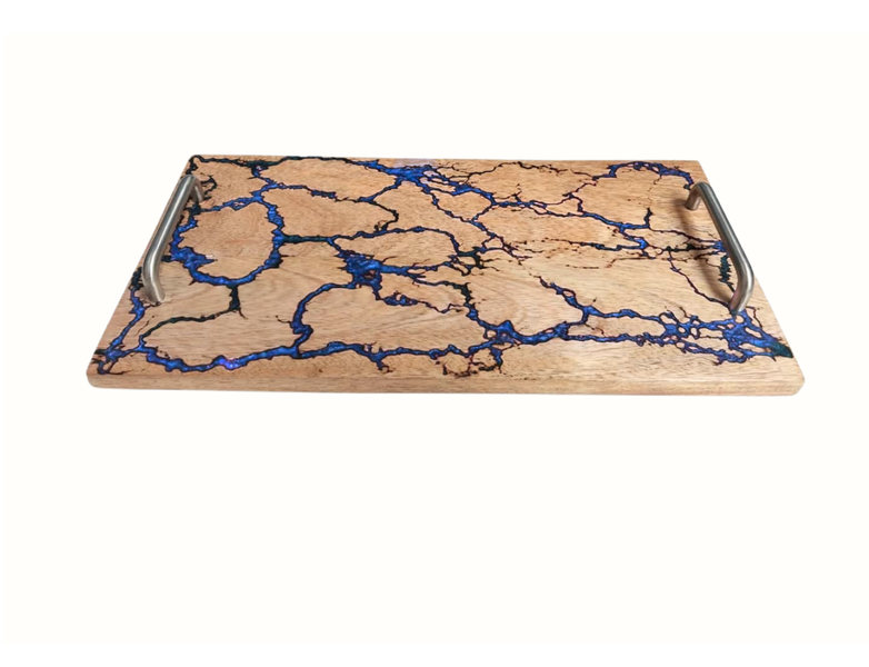 Handcrafted Mango Wood Serving Tray with Blue Resin Inlay