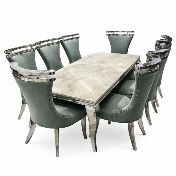 8-Seater Marble Top Dining Table Set with Chrome Legs &amp; Velvet Chairs