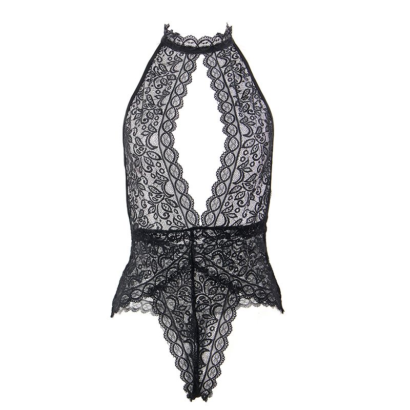 Women Lace Teddy Bodysuit Halter Deep V Neck One Piece Lingerie