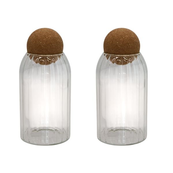 Ribbed Glass with Round Cork Lid 1000 ML - Set of 2