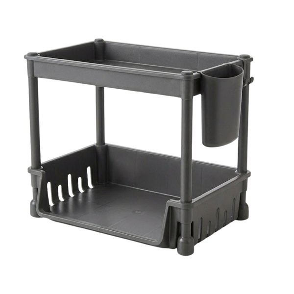 2-Tier Desktop Storage Organizer Shelf with Cup &amp; Hooks - Black