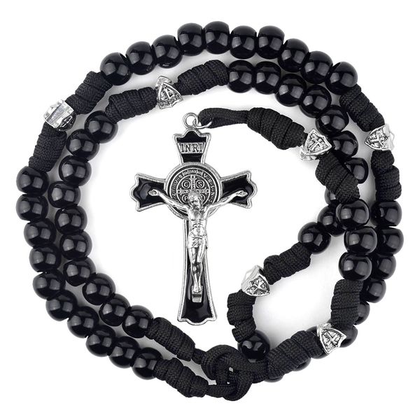 IPSTYLE Black Paracord Necklace Vintage Jesus Cross Acrylic Beads Necklace