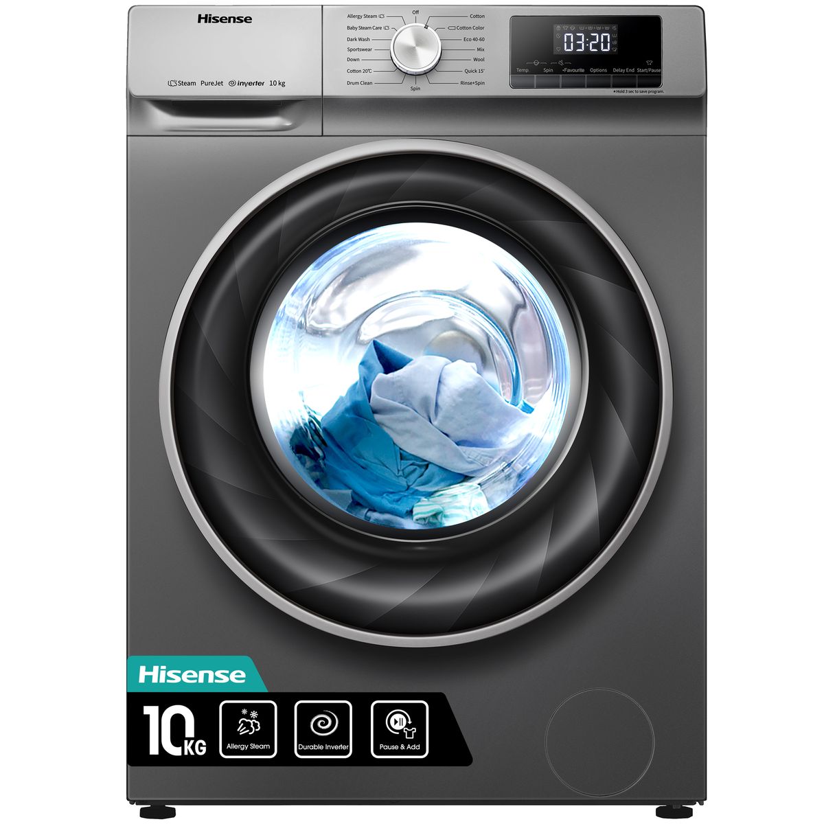 Hisense 10Kg Front Load Washing Machine with Allergy Steam-Titanium Silver