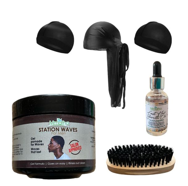 Men Wave Kit- Durag, Brush, Wave Cap with Wave Pommade &amp; Hair Growth Oil
