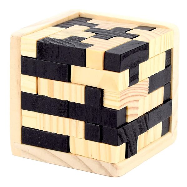 Toy Wooden Three Dimensional Brain Teaser Cube Block Puzzle (7cm)
