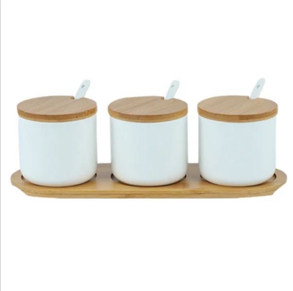 Spice Container Canisters with Bamboo Lids and Spoons - Set of 3
