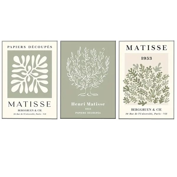 Canvas-Art-3 Pieces Sage Green &amp; White Henri Matisse Flower Print Wall Art