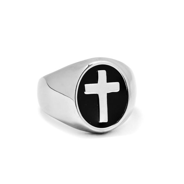 Xcalibur Stainless Steel Black Enamel Cross Signet Ring