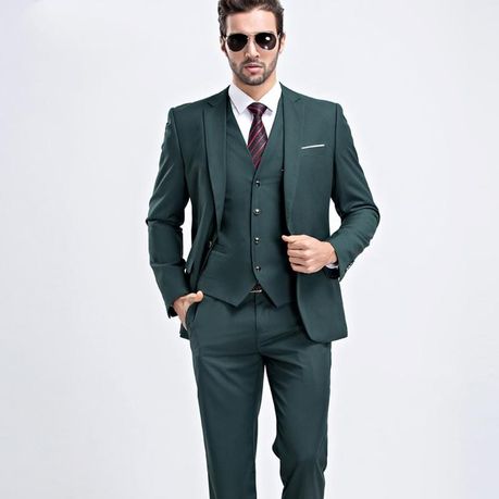 Men s 3 Piece Notched Lapel Jacket Vest Trousers Set Dark Green