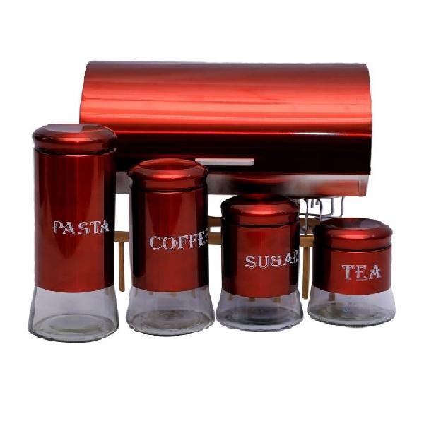 Bread Bin with Tea, Coffee, Sugar &amp; Pasta 5 Piece Canister Set - Red
