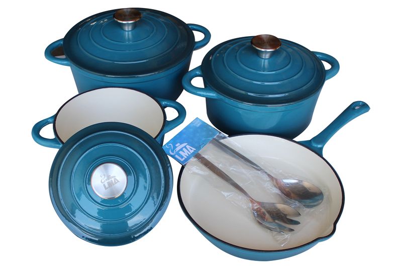 LMA Branded 7 Piece Cast Iron Cookware Set &amp; Two Piece Utensil Set - Teal