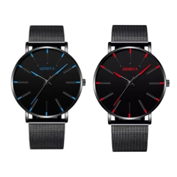 2 Piece Geneva Men Black, Red Analogue Classic Mesh Steel Quartz Watch for Men