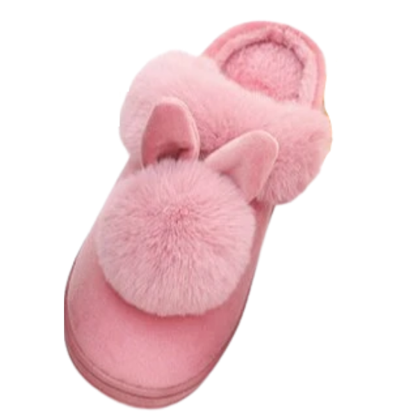 Paw Prints &amp; Curly Tails Fluffy Pompom Bunny Slippers - Grey