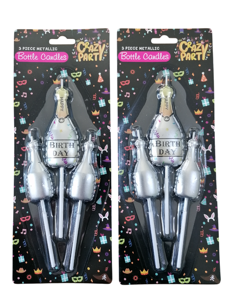 Crazy Party 3 Piece Metallic Bottle Birthday Candle Sets - Pack of 2