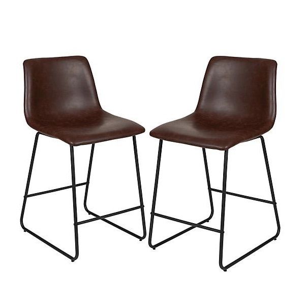 Vintage PU Leather Pub Bar Stool Chairs With Footrest Set of 2 - Dark Brown