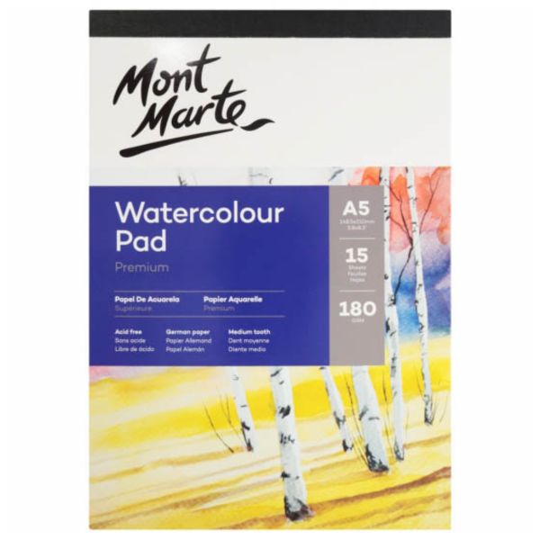 Mont Marte Premium Watercolour Pad German Paper 180gsm A5 15 Sheet