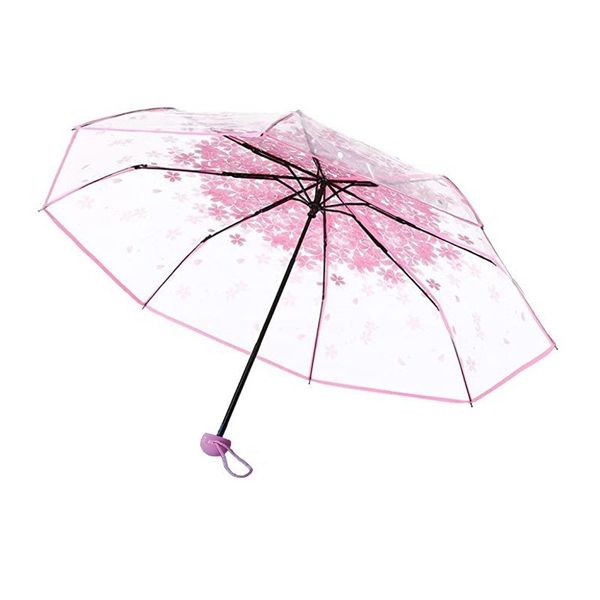Pink Cherry Blossom Transparent Folding Umbrella Sunshade Umbrella