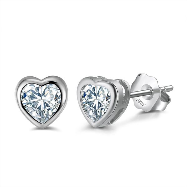 Women Heart Shaped Diamond Crystal Silver 925 Sterling Silver Stud Earrings