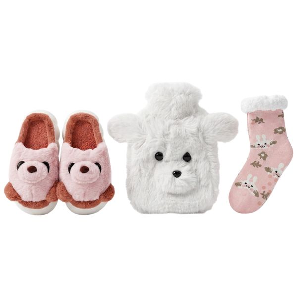 5 Piece Kids Fluffy Panda Slipper&amp;white puppy Hot Water Bottle&amp;Winter Socks