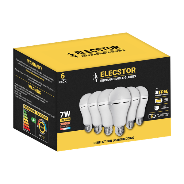 Elecstor 7W E27 Rechargeable Globe 1200mah - A60 Warm White 6 Pk (Screw in)