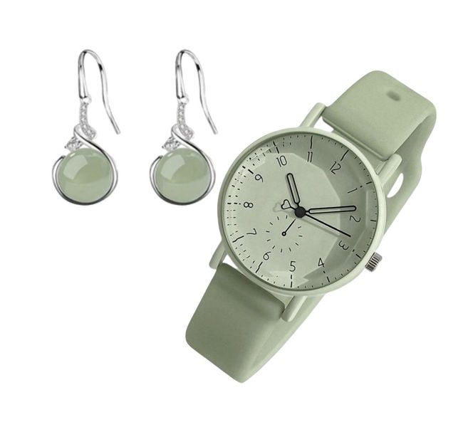 Pastel Green Quartz Silicone Watch &amp; Earring Combo