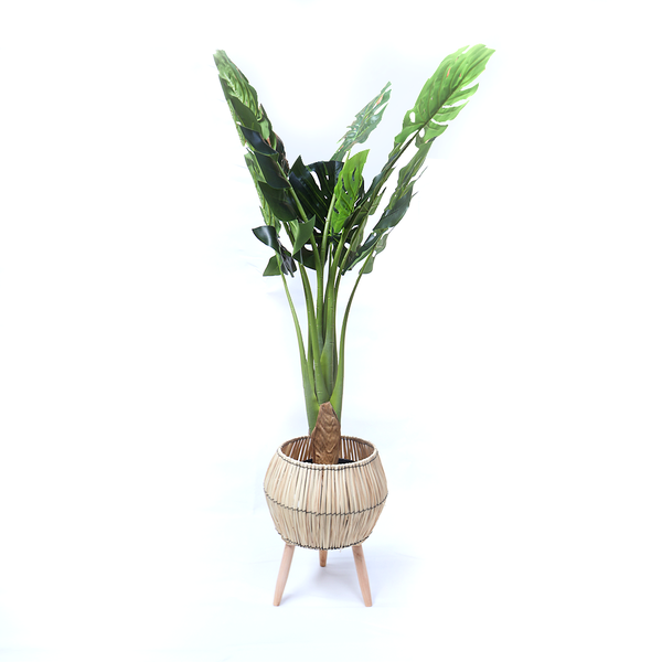 Tall Faux Monstera in Boho Woven Planter