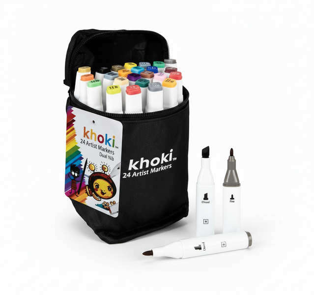 Khoki 24 Piece Dual Nib Artist Markers Set - Water-Based, Non-Toxic