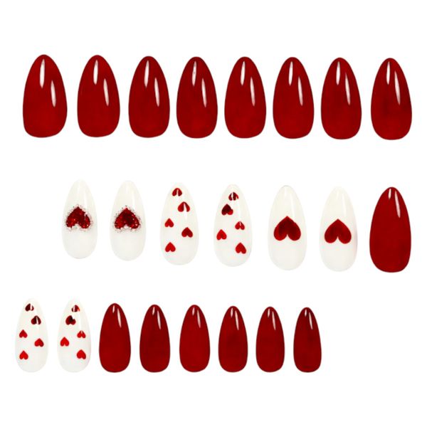 24-Piece Almond Press-On Nail Set - Glossy Red &amp; White Heart Design