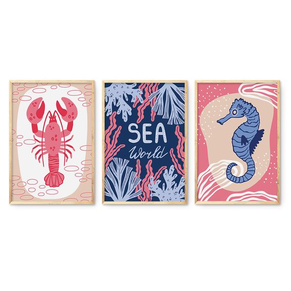 Cape Art Framed Canvas 3 Piece 35x50cm Sea World Lobster Seahorse