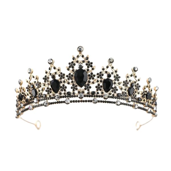 Gothic Crown Headpiece - Black Baroque Tiara with Vintage Rhinestones