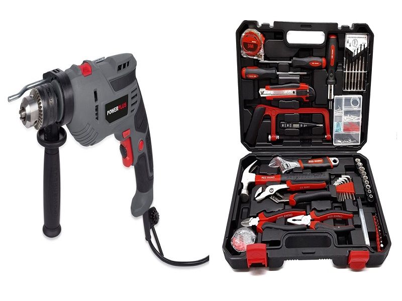 Power Plus 600W Impact Drill + Red Rhino 100-Pieces Hand Tool Set