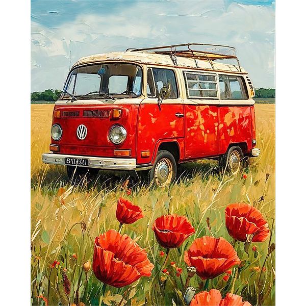 Artikon Paint By Numbers DIY 40cmx50cmx2cm - Red VW Van in Wild Poppy Field