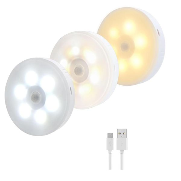 3 Pack Of Rechargeable Motion Sensor LED Night Lights - Dimmable Touch