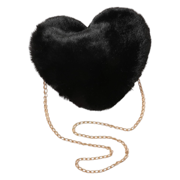 Heart-Shaped Fluffy Plush Shoulder Bag with Gold Chain - Black