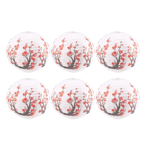 6 Pack 12Inch Red Cherry Flowers Paper Lantern White Round Chinese Japanese
