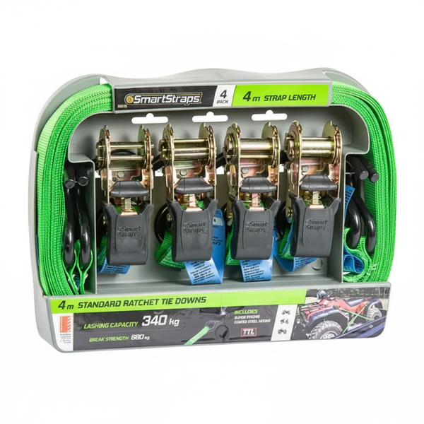 Green Ratchet Tie Down Pads 4m - 4 Piece Set for Load Security