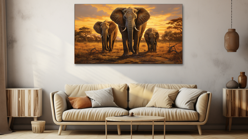 Canvas Wall Art - Golden Guardians Three Elephants - HD0127