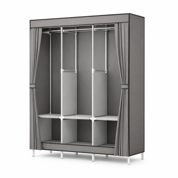 Large Capacity Portable Wardrobe with Curtains &amp; Shelves - Grey