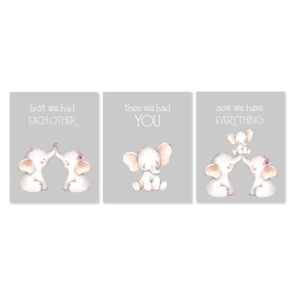 Nursery Wall Art - Elephant family - Set of 3x A4